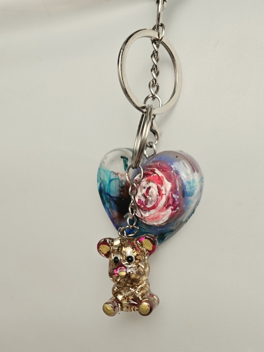 Handmade Heart Keychain with Gold Bear Charm - Blue & Pink Accent